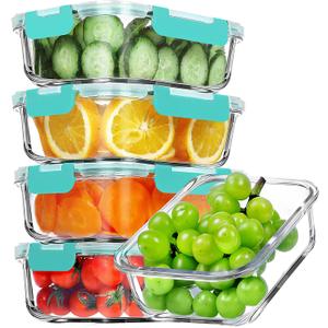 VERONES 5 Pack 36 OZ Glass Meal Prep Containers, Airtight Glass Lunch Containers Set, Glass Food Storage Containers with Lids,Exclusive of BPA, for Microwave, Oven, Freezer & Dishwasher Friendly,Green