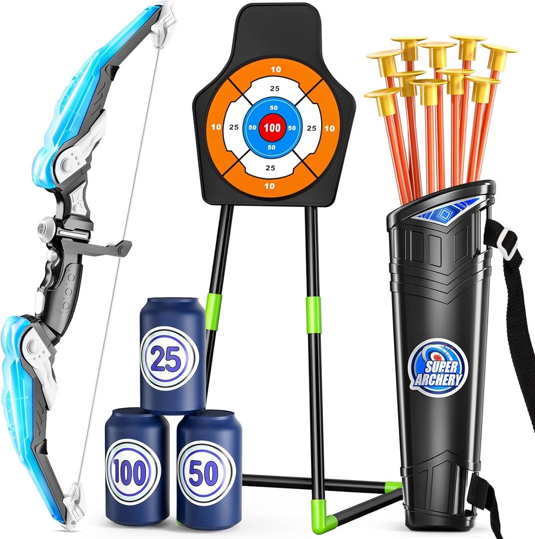 TEMI Bow and Arrow Set for Kids 4-8,Kids Archery Set with LED Lights Includes 10 Suction Cup Arrows, Quivers & Standing Target, Outdoor Toys for Boys & Girls Ages 3-12 Years Old (Blue)