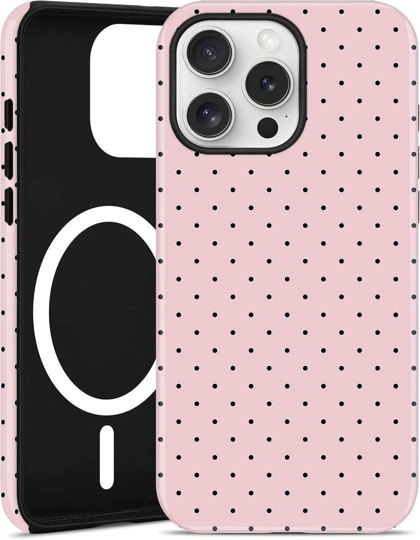 Jusy Compatible with MagSafe Polka Dot Case for iPhone 16 Pro, Cute Aesthetic Polka Dots Magnetic Phone Case, Soft TPU and Hard PC Protective Phone Cover for Women GirlsMatte - Pink