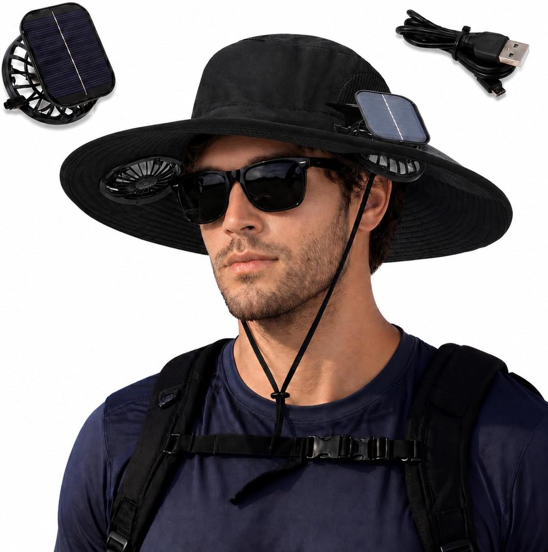Berlune Solar Fan Hat with 2 Fans for Men Wide Brim Cooling Outdoor Hat Fishing Hiking Bucket UPF 50+ USB & Solar Powered (Black, L)