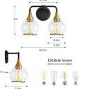 Black and Gold Bathroom Light Fixtures 2-Lights Vanity Lights with Clear Glass Shade Bathroom Vanity Light 14 Inch Wall Sconces(Exclude E26 Bulb)