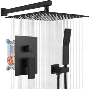 gotonovo Rainfall Bathroom Shower System Rain Shower Head and Handle Set Wall Mounted Shower Complete Combo Solid Brass Pressure Balancing Shower Mixer Valve 16 Inch Matte Black