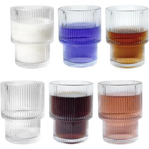 XKXKKE 7 oz Ribbed Drinking Glasses Set of 6, Clear Vintage Iced Coffee Cups Glassware, Highball Glasses Ridged Glass Tumbler for Coocktail, Whiskey, Beer, Water (Transparent)