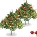 Tigeen 2 Pcs 22 Inch Timer Prelit Christmas Urn Filler, Outdoor Planter Pots Filler Prelit Xmas Pine Trees with Cones and Red Berries 50 Warm White LED with 8 Light Modes for Yard Porch Decor(Classic)