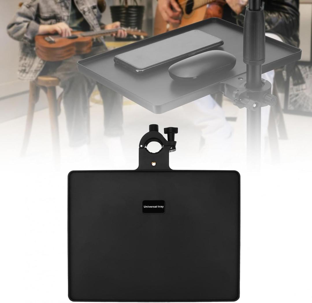 RTNLIT Microphone Music Stand Tray, Adjustable Clamp On Rack Tray Holder with 7.7 Pound Weight Capacity, for Music Sheet, Singing, Stage, Audio Recording (10.6" x 8")