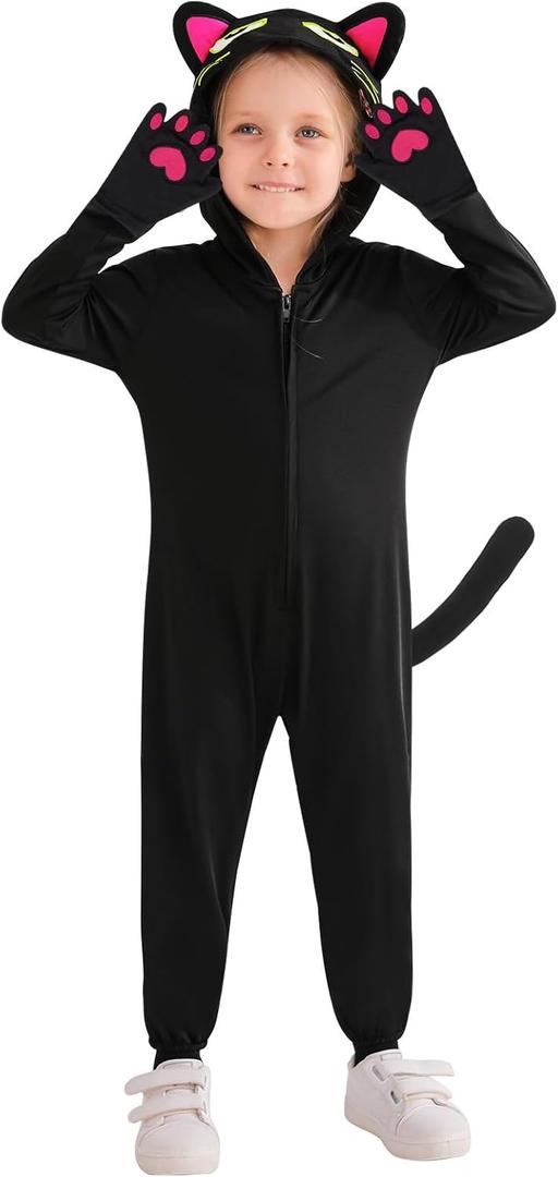 ESHOO Black Cat Costume for Kids Halloween Costumes Black Cat Onesie Girls Boys Unisex Dress Up Animal Jumpsuit 3-12Y (9-10 Years, Rose Red)