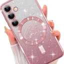 ZIYE Magnetic Case Designed for Samsung Galaxy S24 Glitter Case Luxury Plating Love Heart Compatible with MagSafe Clear Case with Camera Protector Protection Shockproof Cover for Women Girls-Pink