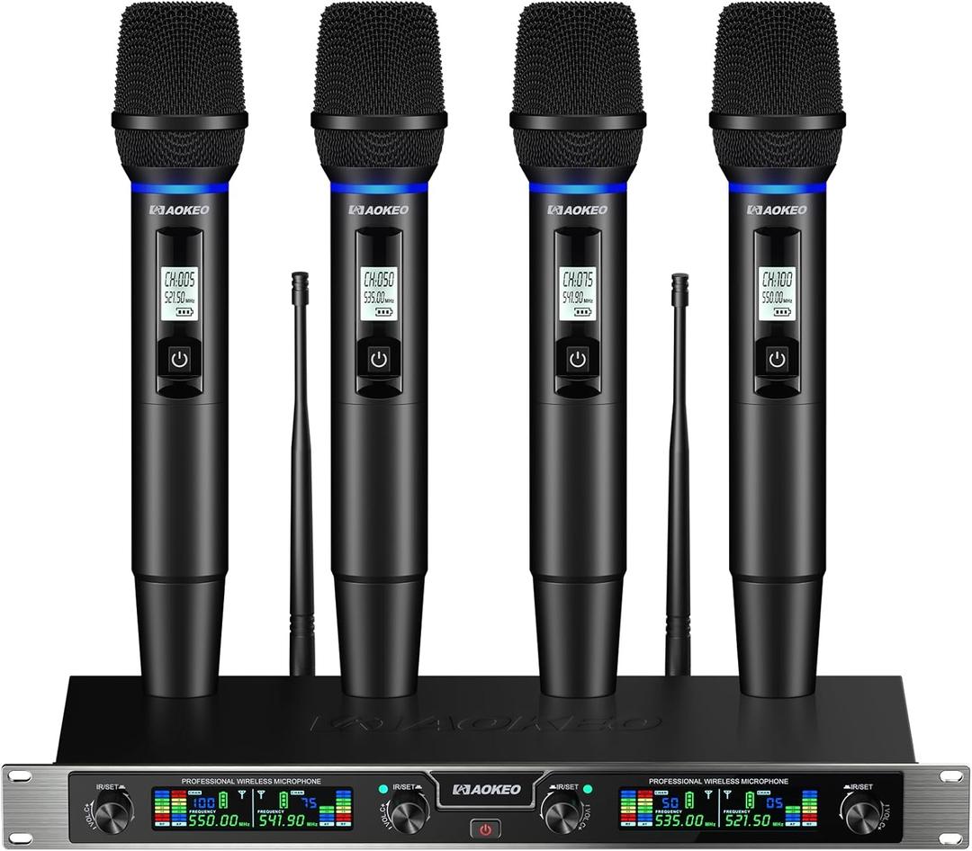 Aokeo Wireless Microphones System, 4 Channel UHF Wireless Mics, with 4 Handheld Dynamic Microphones, Metal Receiver for Karaoke, Singing, Wedding, Party, Speech