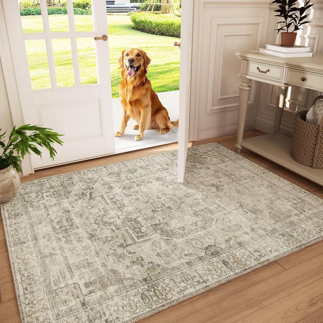 Machine Washable Throw Rugs for Entryway: Door Mat Indoor Entrance 3x5 Small Rug Stain Resistant Non-Slip Low Pile Soft Carpet for Kitchen Front Door Indoor Entry Bathroom Bedroom (Brown and Cream)