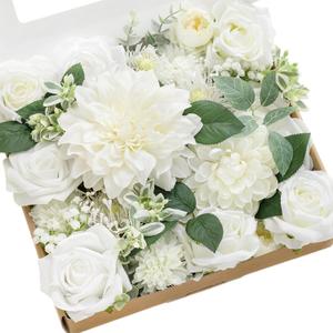 Ling's moment Fake Flowers Box, Faux Artificial Greenery Stems Foam Roses Silk Dahlia Rose Leaves Fabic Flower for Centerpieces Bouquet Wedding Vase Floral Decorations, White & Sage, Grand Combo