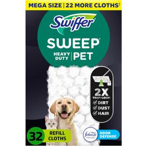 Sweep + Mop, Dry Pads Refill, Floor Cleaner for Dirt, Dust, Hair, Cleaning Cloths for Mopping Home, Bathroom, Kitchen, All Purpose Multi-Surface Floor Wipes, Heavy Duty, Pet, 32 Count