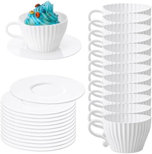 Silicone Muffin Cups for Baking, 12 Pcs Teacup Cupcake Liners, Reusable Muffin Liners, Silicone Cupcake Baking Cups, 12 Cups & 12 Saucers, White