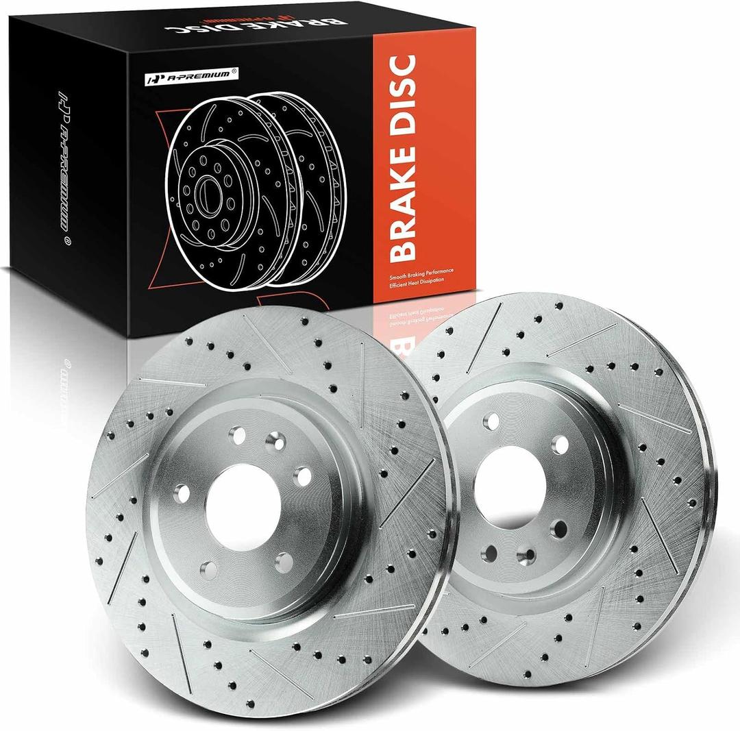 A-Premium 12.80 inch (325mm) Front Drilled and Slotted Disc Brake Rotors Compatible with Select Ford & Lincoln Models - Explorer 2011-2019, Taurus 2010-2019, Flex 2009-2019, MKS, MKT, 2-PC Set