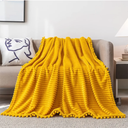 Fleece Blanket Throw Size – 51x63 In, Yellow Soft, Plush, Fluffy, Fuzzy, Warm, Cozy Perfect for Couch, Bed, Sofa - with Pompom Fringe Flannel