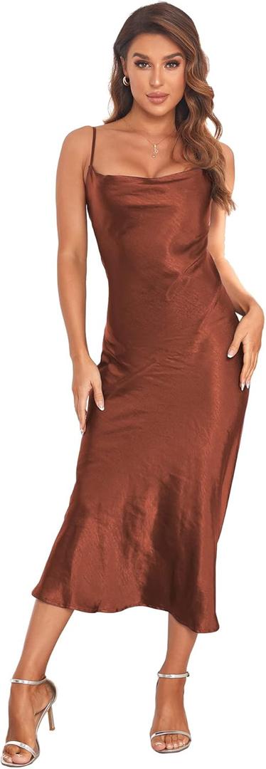 Women's Spaghetti Strap Midi Satin Silk Dresses Slip Cowl Neck Party Cocktail Evening Sexy Dress (Brown, XL)