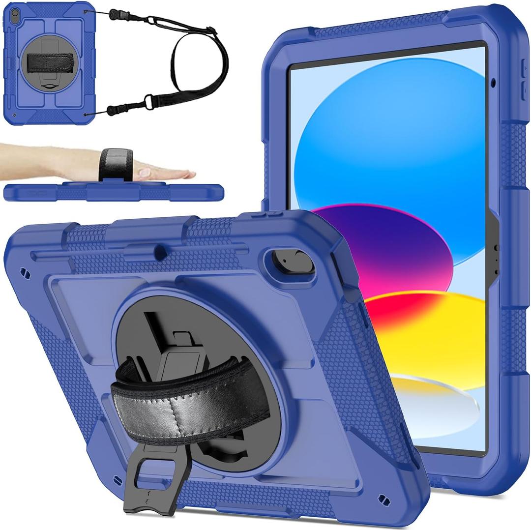 BMOUO Case for iPad (A16) 11th Generation 11" 2025/iPad 10th Generation 10.9 inch 2022, 360 Rotating Stand & Pencil Holder & Hand & Shoulder Strap Shockproof iPad 11th/10th Generation Case, Navy Blue