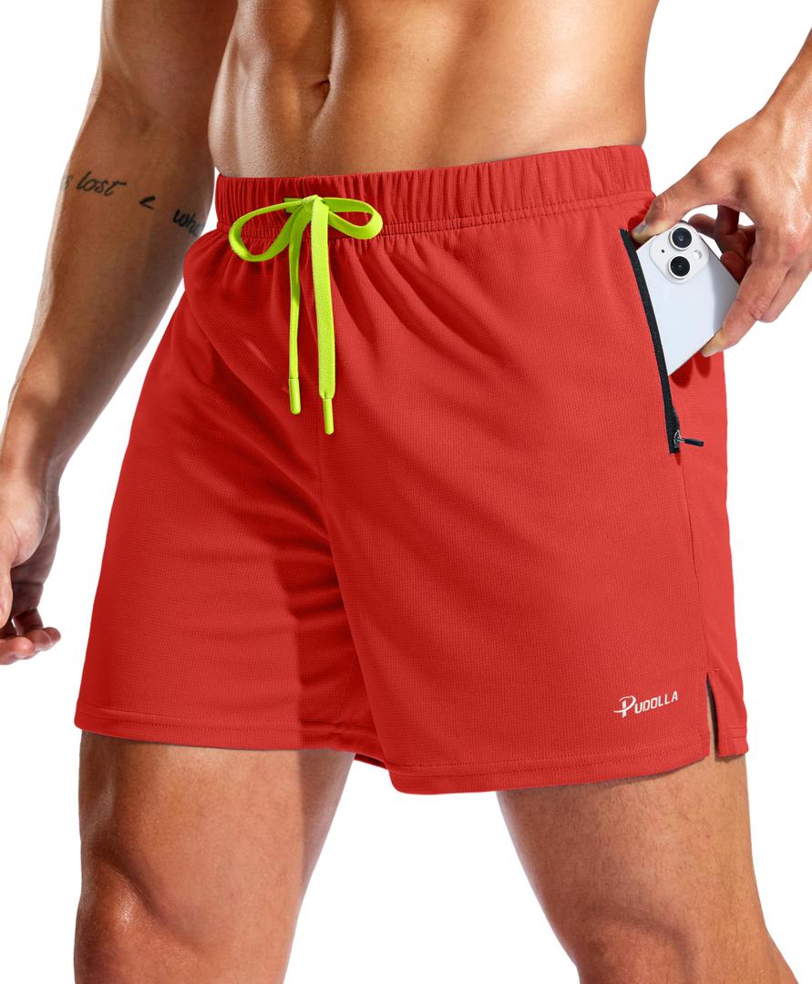 Pudolla Men's Workout Running Shorts with Zipper Pockets 5" Lightweight Quick Dry Athletic Gym Mesh Shorts no Liner(red Medium) (Red, M)