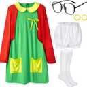 7pcs Women Halloween Costumes Adult, Cute Halloween Costumes for Women Cosplay with Green Dress, Red Cardigan (Large)