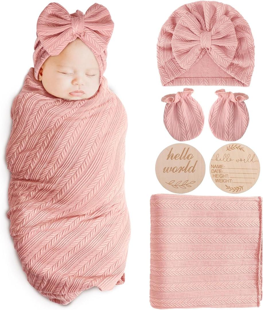 AQOKKA Newborn Receiving Blanket with Bow Hat Mittens Wooden Card Set Wheat-Pattern Newborns Toddler Baby Boy Girl Nursery Swaddle Wrap