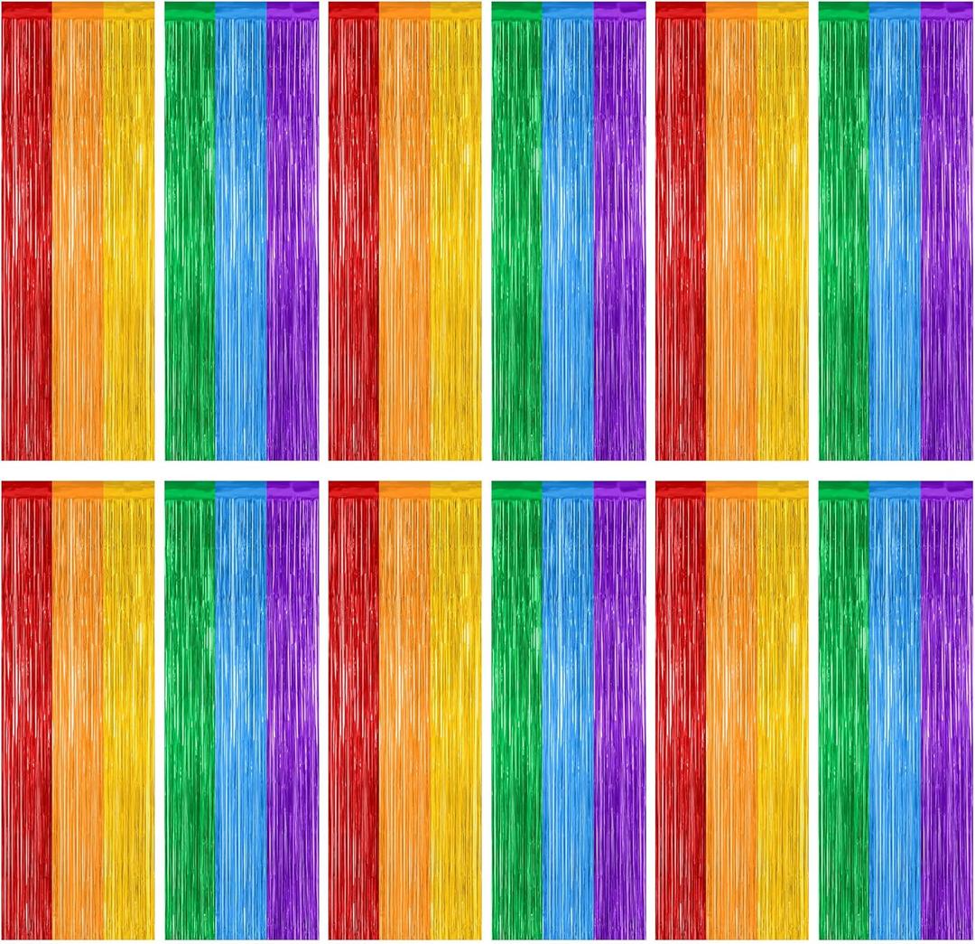 12 Pack Rainbow Backdrop, 3.28 FT x 7.05 FT Pride Decorations, Metallic Fringe Curtains Party Streamer Tinsel Backdrop, Rainbow Foil Curtains Birthday Party Decor Photo Booth Props
