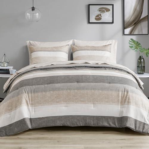 Madison Park Essentials King Comforter Set, Bed in A Bag Comforter & Sheet Set, Modern Casual Stripes Print, All Seasons, Soft Microfiber Bedding Makeover, Matching Shams, Cal King Taupe/Grey 7 Piece