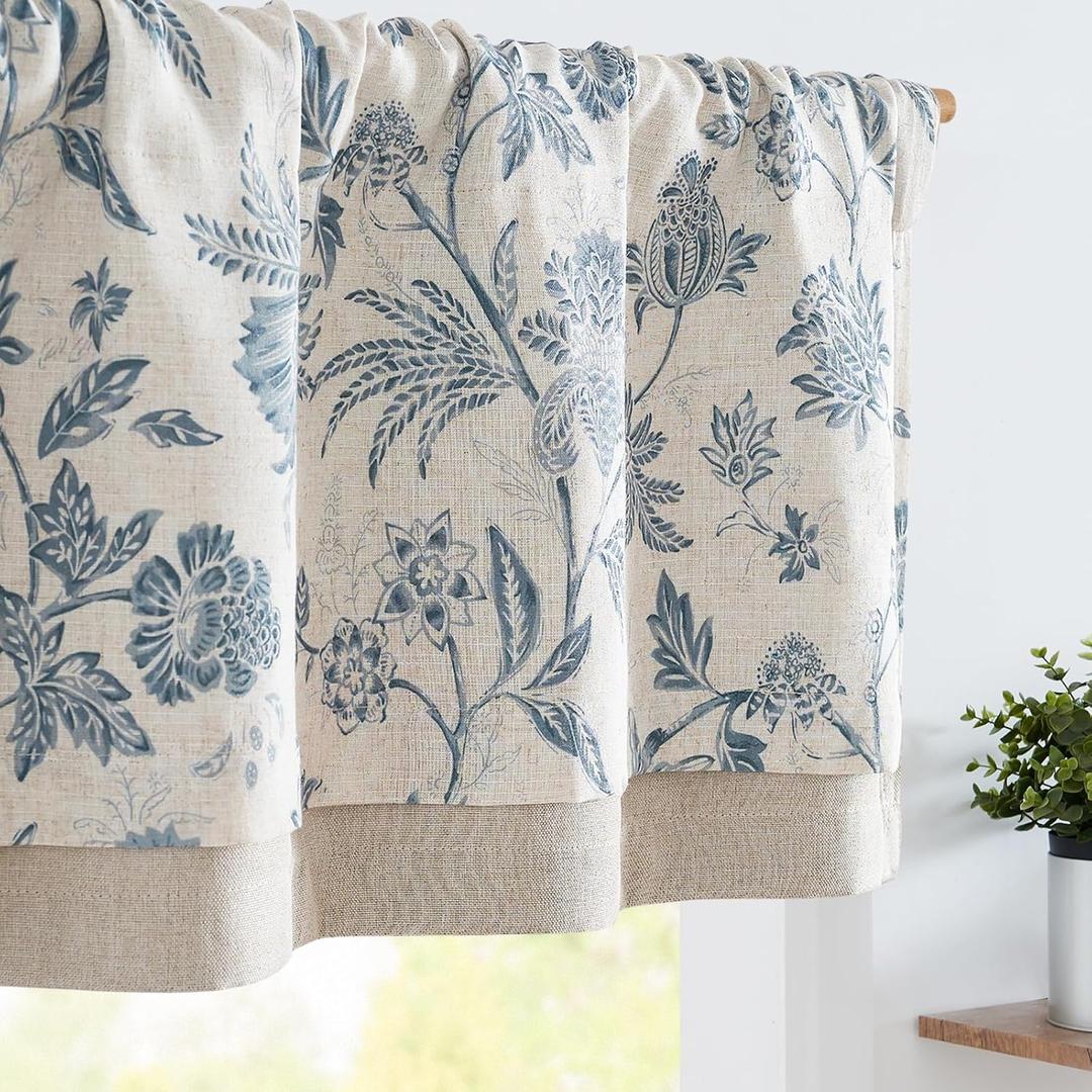 jinchan Floral Valance Curtain Linen Kitchen Valance for Windows 16 Inch Farmhouse Light Filtering Floral Short Window Treatment for Living Room 1 Panel Rod Pocket Double Layer Blue on Beige