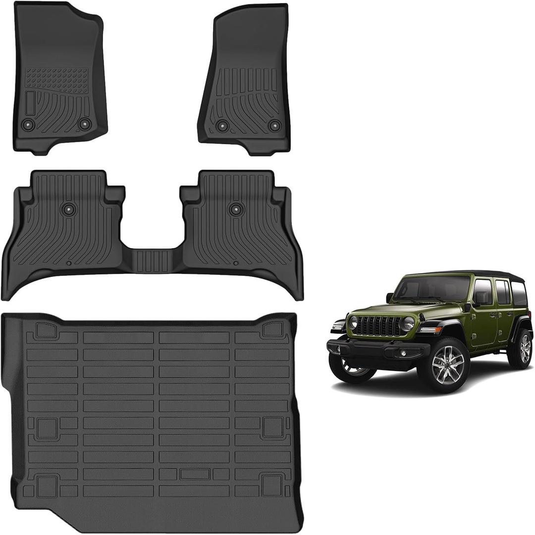for Jeep Wrangler 4xe Floor Mats 2021 2022 2023 2024 2025 2026(4 Door, Not for JL, JK), TPE All Weather Car Floor Mats Cargo Liner Custom for Jeep Wrangler 4xe Accessories 2021-2026
