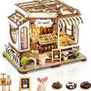 DIY Miniature House Kit,Pet Shop Dollhouse Miniature Kit with LED & Furniture,Mini Diorama House Building Kit for Adults Teens,3D Wooden Crafts Tiny House Mini Model Kit,Home Decor Birthday Gifts