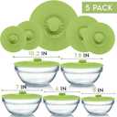 Silicone Bowl Lids Green Set of 5 Reusable Suction Seal Covers for Bowls, Pots, Cups. Food Safe. Natural grip, interlocking handles for easy use and storage.