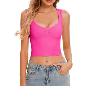 CHYRII Womens Square V Neck Tank Tops Sleeveless Summer Going Out Workout Yoga Basic Crop Tops (Small, Hot Pink)