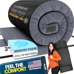 Hazli Matrix AirCell Memory Foam Camping Mattress Pad - Roll Up Mattress for Adults - Portable Cot Sleeping Pad for Camping -Floor Mat or Bed Roll for Car, SUV - Single 75"x30"x3" - Dark Grey