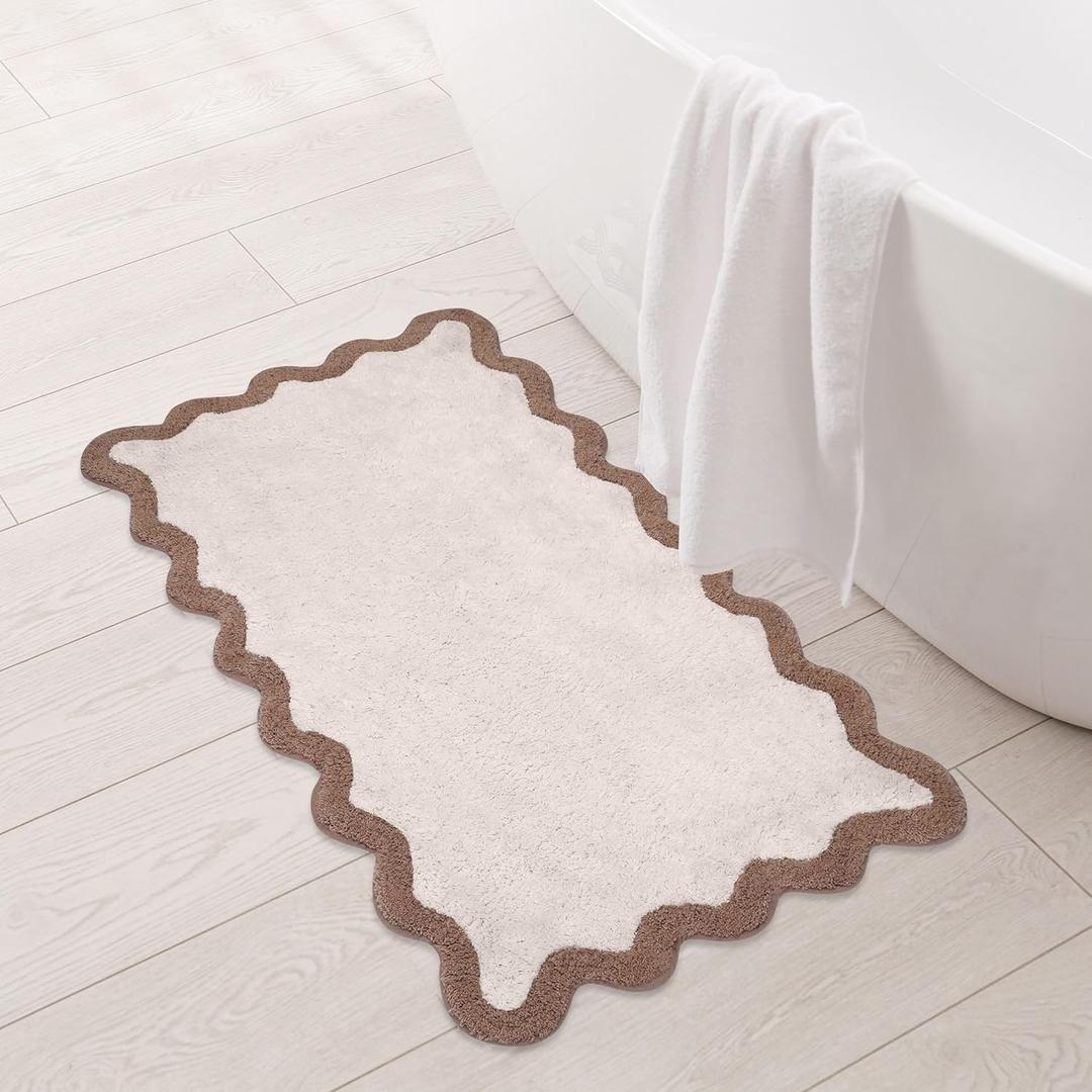 Folkulture Bathroom Rugs (20 x 32) | 100% Cotton Scalloped Beige Bath Rugs/Abosrbent Bath Mats for Bathroom, Washroom|Quick Drying, Machine Washable, Non Slip Bathroom-Mat for New Home Essentials