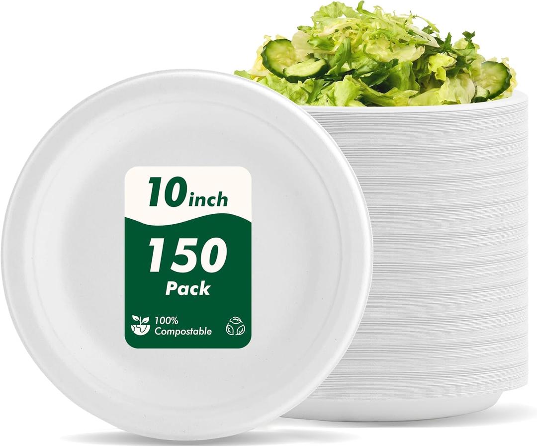 10 Inch 150 Pack Compostable Paper Plates, Disposable Heavy-Duty Plates, Biodegradable Sugarcane Fiber Paper Round White Plates, Microwavable
