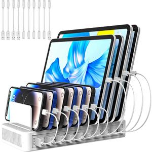 Charging Station for Multiple Devices, 100W 10 Ports Flat Plug Charging Dock with 10 Cables Smart IC Tech and Adjustable Dividers Type-CMulti USB Charger for iPhone Galaxy iPad TabletWhite