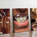 3 Pcs African American Woman Canvas Wall Art Fashion Bracelets Earrings Necklaces Gold Teeth Pictures Wall Decor,16x24in