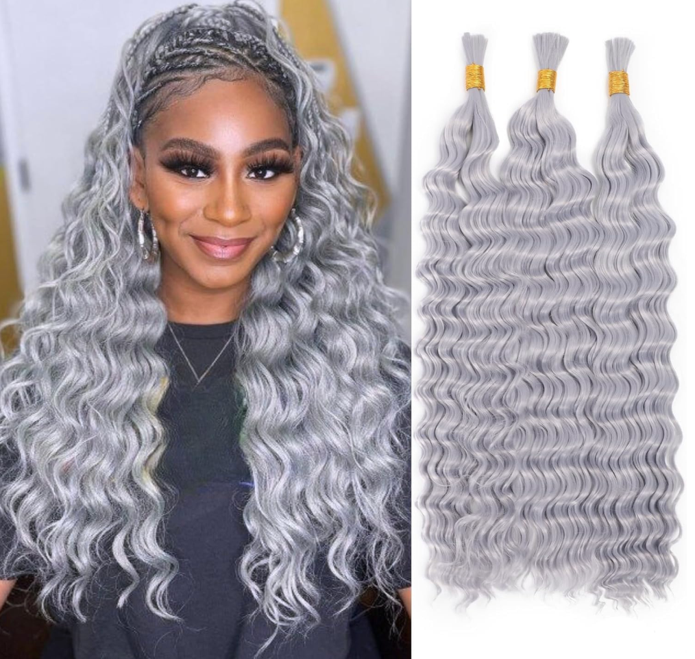 Xddnamei Grey Deep Water Wave Bulk Human Braiding Hair 2 Bundles Per 50g 20 Inch Braiding Hair No Weft Brazilian Virgin Deep Curly Human Hair for Boho Braids