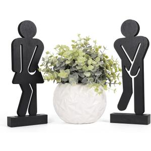 Set of 3 Farmhouse Bathroom Decor Signs Rustic Wooden Restroom Decorative Signs with A Potted Artificial Plant