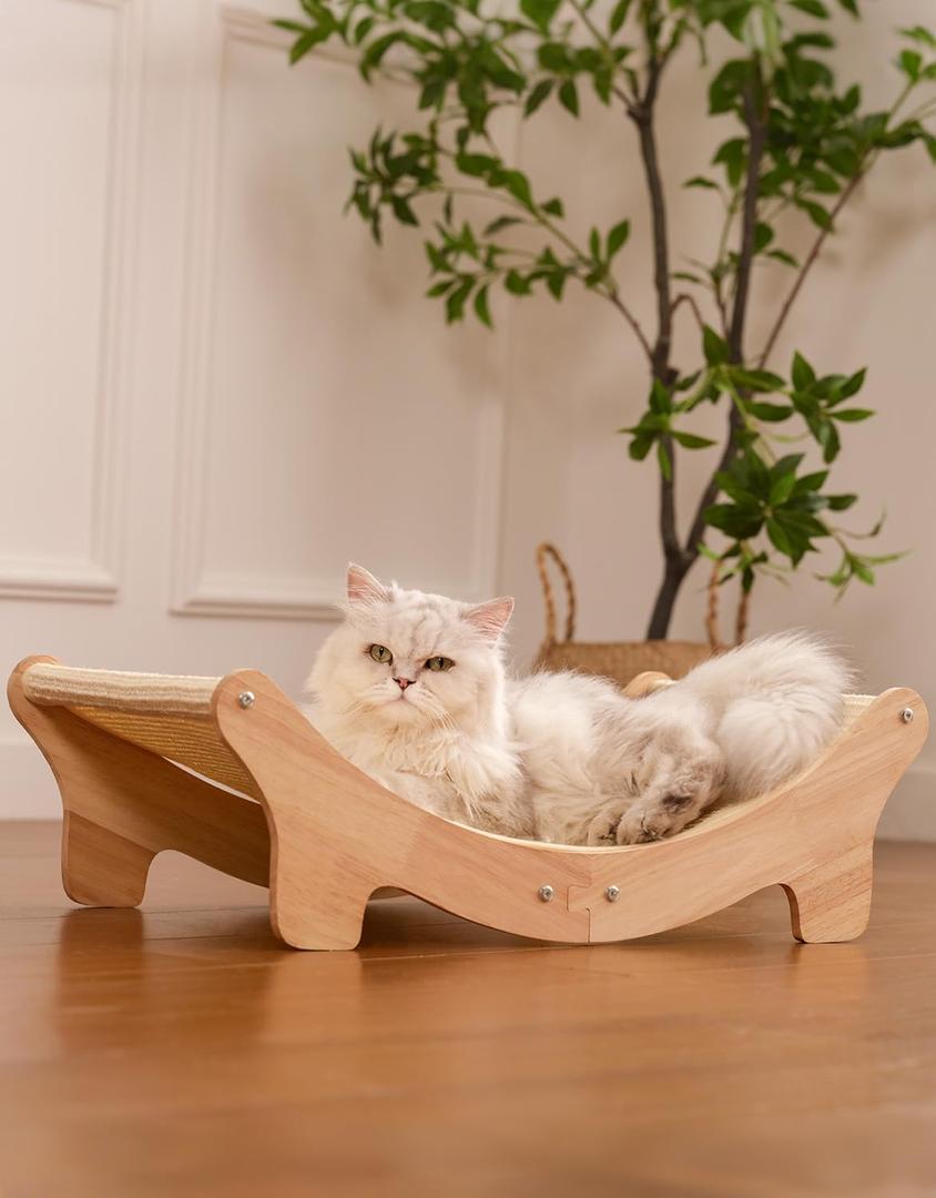Natural Sisal Cat Scratcher Bed for Indoor Cats Scratching Post Hammock Lounge with Oak Frame, Wooden Cat Furniture for Large Cats, Modern Scratcher