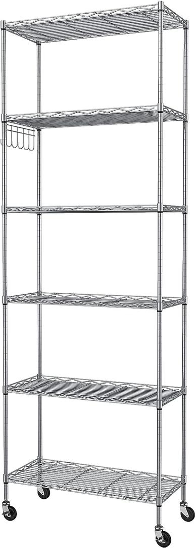 Homdox 6-Tier Storage Shelf Wire Shelving Unit Free Standing Rack Organization with Caster Wheels, Stainless Side Hooks, Silver Gray | Rack Organization, with Caster Wheels, Stainless Side Hooks, 21.26*11.42*72.05 inch