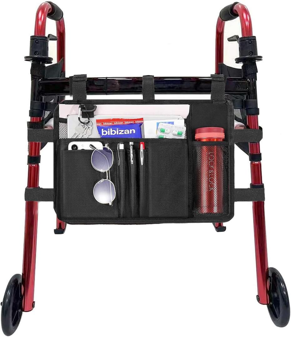 Walker BagBasket with Cup Holder Suit for Adult Folding Walkers Rollator Organizer Carry Storage Pouch Water-Resistant Armrest Accessories for Seniors, Elderly, Handicap