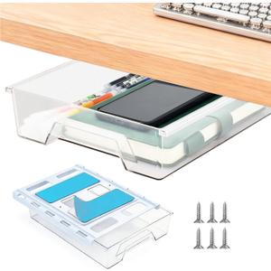 Under Desk Drawer Organizer, Self Adhesive Hidden Drawer Storage, Slide Out Desk Organizer, Space Saving Pencil & Accessories Organizer, Under Table Storage for Home Office & School, Clear