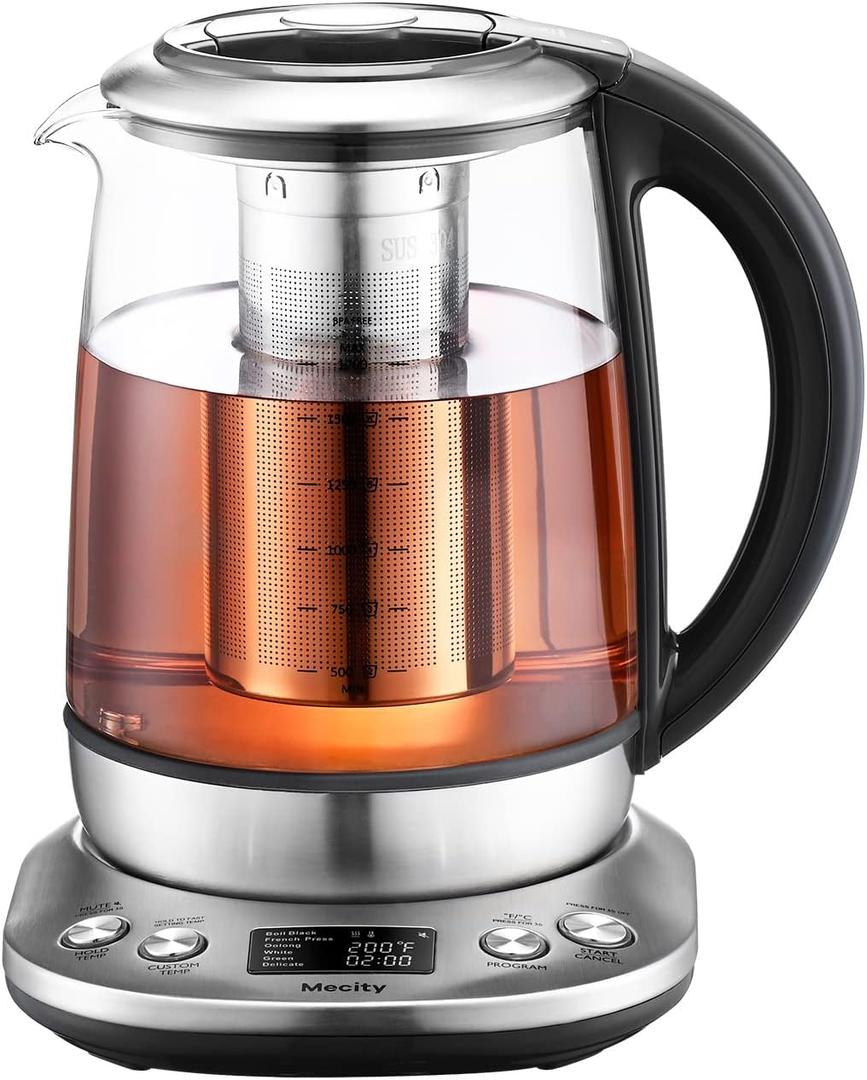 Mecity Electric Tea Kettle Borosilicate Glass Tea Maker With Temperature Control and Infuser - LCD Display and Preset Brewing Programs - 1.7 Liter Water Boiler (1.8 Quarts)