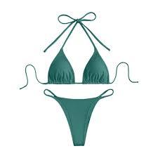 SWIMLANCE Women Triangle Halter Thong Bikini Set Ruffle Sexy String Two Piece Swimsuit Bathing Swimwear, Small