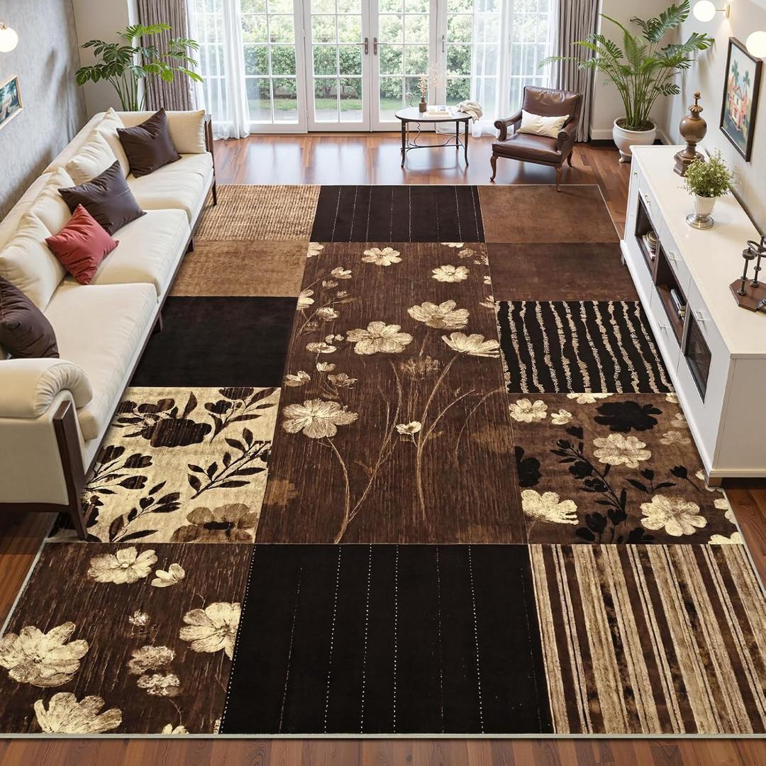 DweIke Washable 4x6 Area Rugs for Living Room, Soft Geometric Floral Bedroom Rug, Stain Resistant and Non-Slip Modern Throw Carpets for Office Dining Room Home Dorm Decor, Coffee