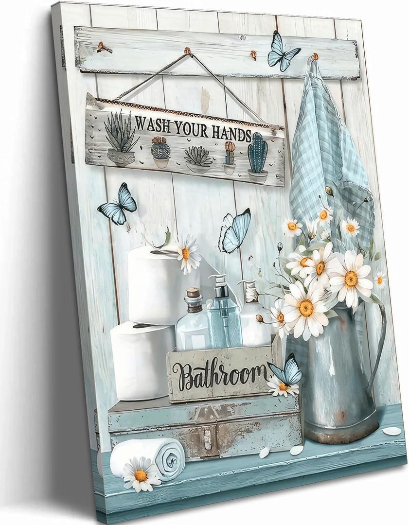 Framed Farmhouse Bathroom Canvas Wall Art Country Butterfly Daisy Wall Decor Pictures Teal Bathroom Painting Wash Your Hands Sign Poster Prints for Toilet Bathroom Home Decoration (16"L x 12"W)