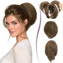 RUWISS Claw Clip Short Human Hair Ponytail Extension with Bendable Metals for DIY Styles Straight Messy Bun Hair Piece for Women, 9 Inch Medium Brown with Honey Blonde Highlights