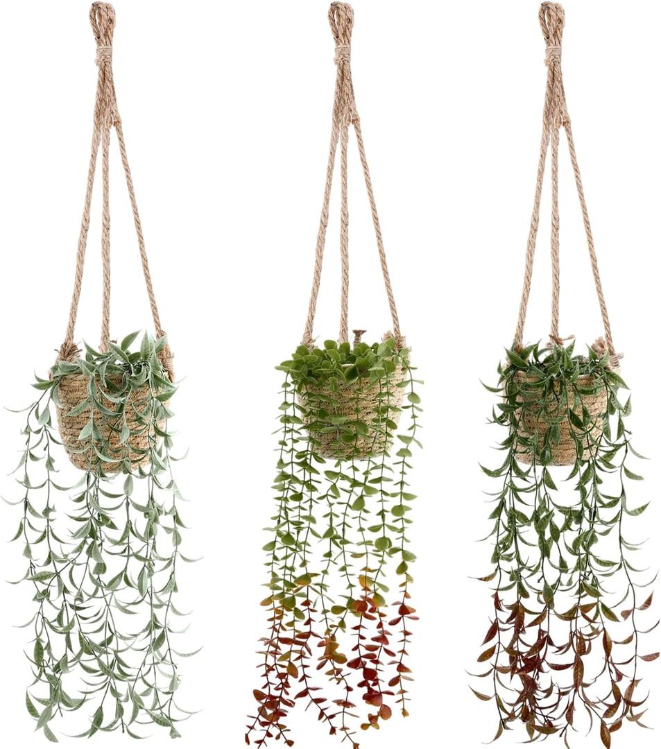 Giegxin Fall Mini Hanging Artificial Plant with Woven Basket Boho Fake Plants Ivy Faux Vines Eucalyptus Leaf for Thanksgiving Indoor Home Wall Shelf Decor(3 Set, Green, Hanging Plant Basket)