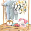 Baby Clothing Rack for Toddler, Pets Clothes Rack with Storage Box & Adjustable Hanging Rod for Dogs/Cats, Baby Shower Clothes Closet Rack with Handle for Nursery Room, Natural Bamboo (11.81"D x 20.47"W x 26.37"H inches)