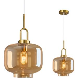 Cognac Glass Pendant Lights Kitchen Island Gold Pendant Light Fixtures Adjustable Height Modern Pendant Lighting for Bedroom Dining Room (9.06 in 1-Pack), Drum Shape 9.06 in