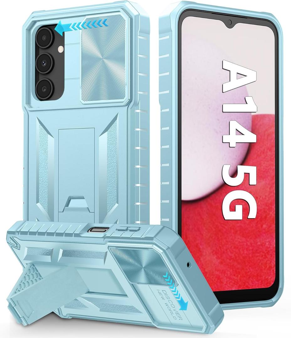 FNTCASE for Samsung Galaxy A14-5G Case: Military Grade Dropproof Cell Phone Cover with Kickstand & Slide | Heavy Duty Rugged Phonecase Bumper Textured | Heavy Duty Protector (Light Green) (TC-Light Green)